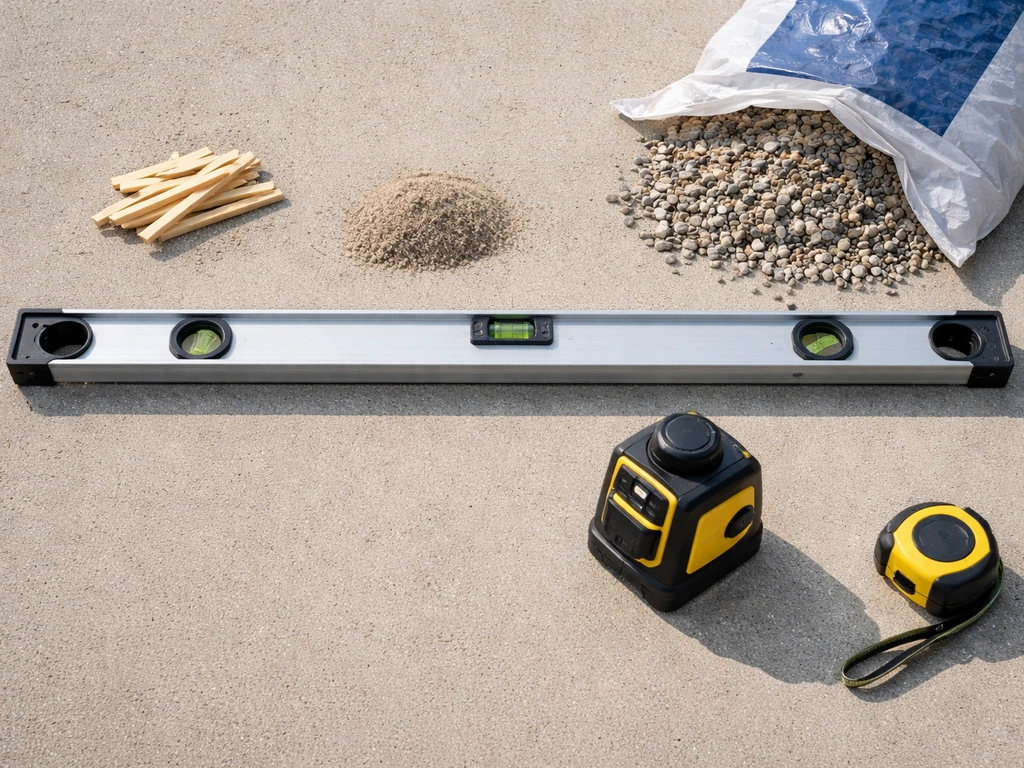 Overhead view of a 4-foot spirit level, laser level, shims/sand, gravel, and tape measure on concrete