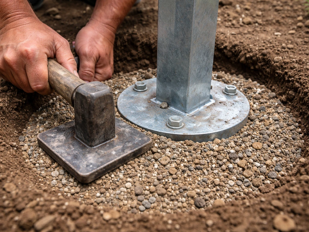 Hands tamping gravel-and-sand around a pedestal foot set in soil.