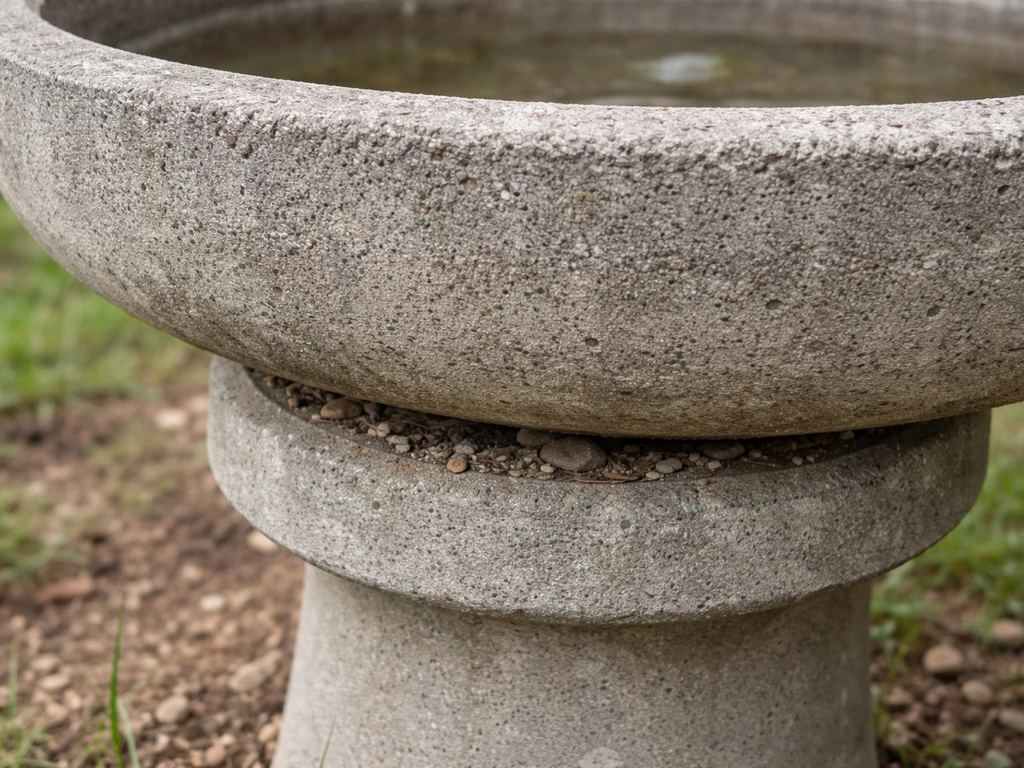 Close-up of a concrete bird bath where the basin rests on the pedestal, showing stable contact points.