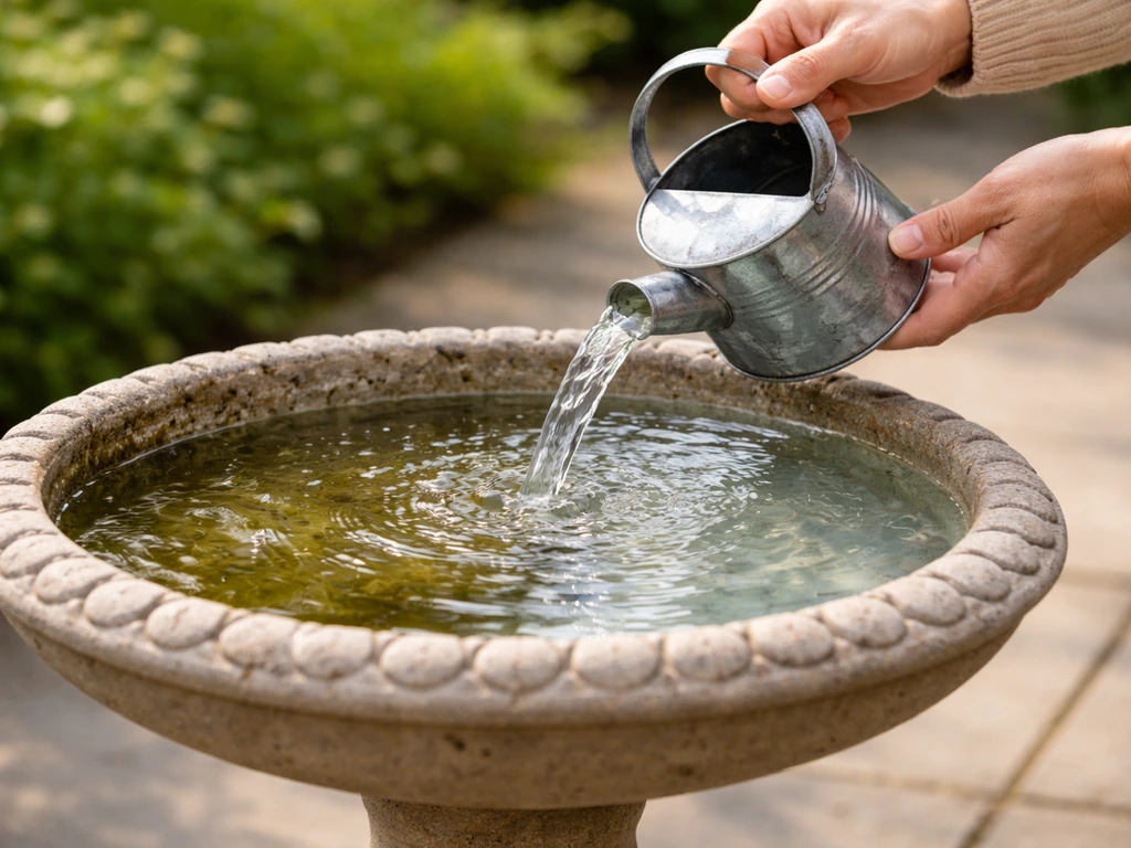 Hands pouring fresh clear water into a bird bath, replacing algae-tinged water outdoors.