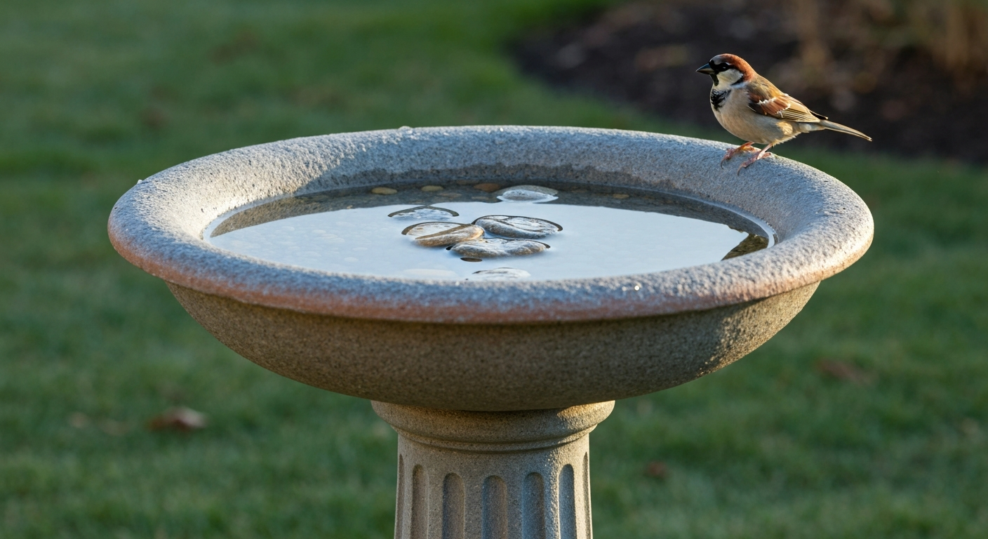 Photorealistic resin bird bath top on a pedestal in a garden, showing textured stone-like surface, shallow water with pebbles, and a small songbird on the rim.