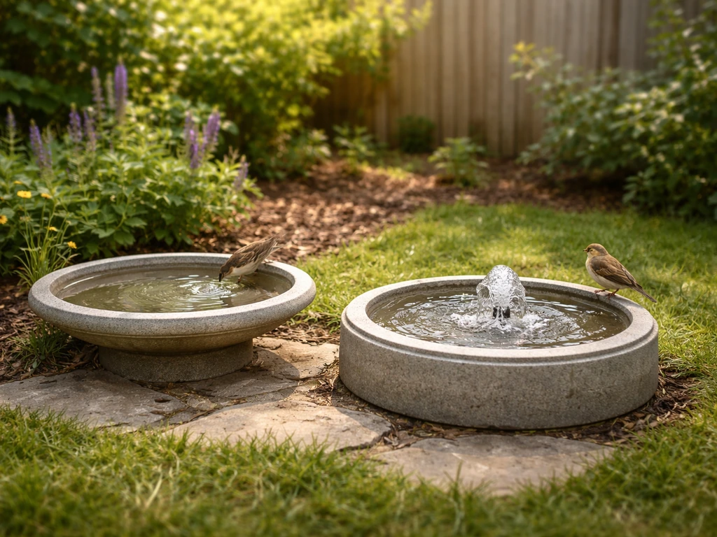 Backyard comparison of a still bird bath and a small bubbling fountain bird bath with birds nearby.
