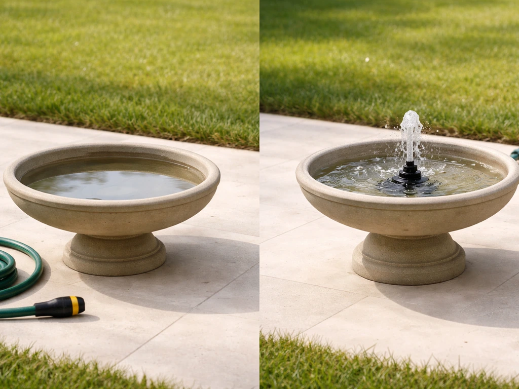 Side-by-side standard bird bath with still water and fountain bird bath with pump and bubbling water.