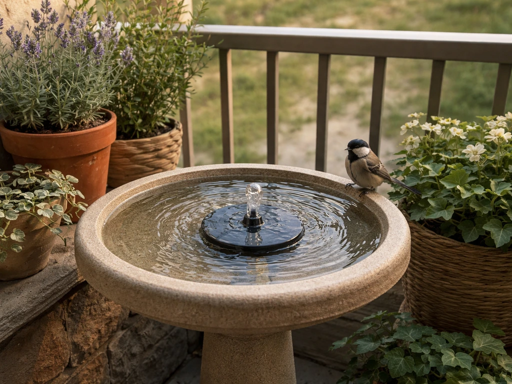 Small balcony bird bath with a shallow pedestal and a tiny bubbler creating gentle ripples