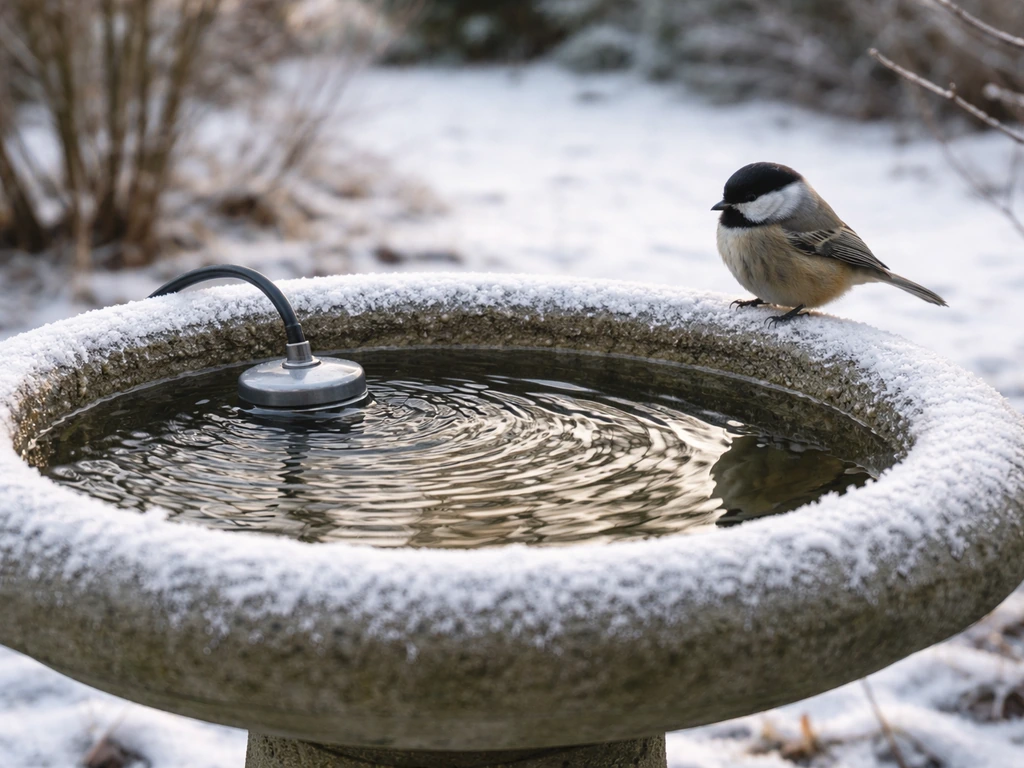 Winter bird bath with a heater keeping the water surface clear and usable.