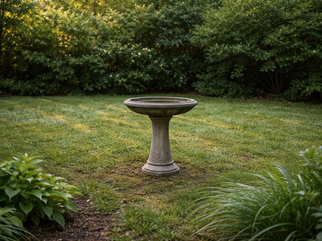 Bird bath on grass about 10–15 feet from dense shrubs with clear approach lines and nearby cover.