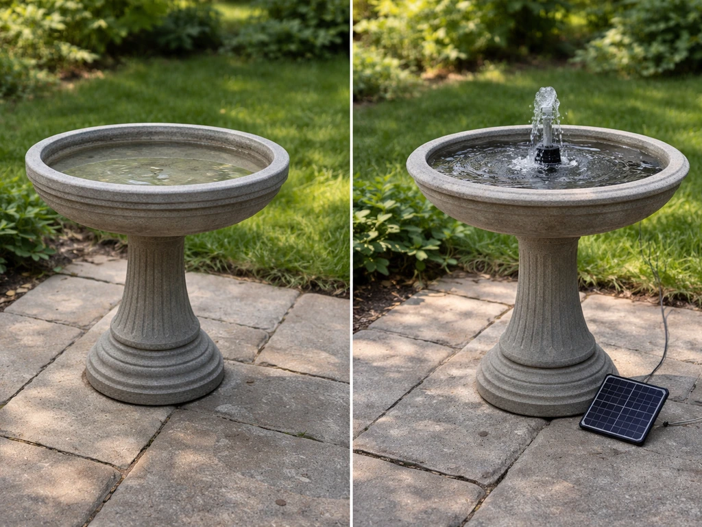 Two bird baths side-by-side: a concrete pedestal bath and a fountain bath with visible pump and solar setup.