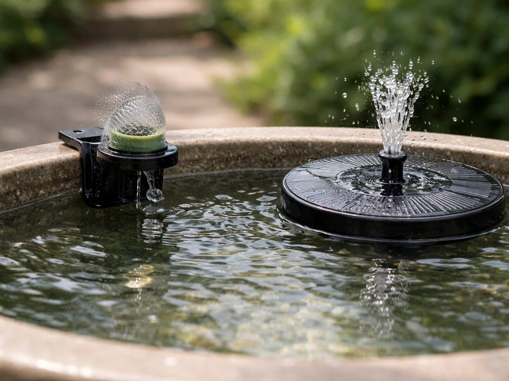 Close-up of two bird bath fountain top styles: drip/mister attachment and recirculating head on a simple rim.