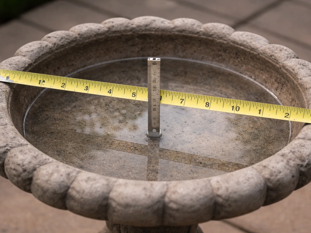 Close-up of measuring a bird bath basin’s inner diameter and depth with a tape measure and ruler.