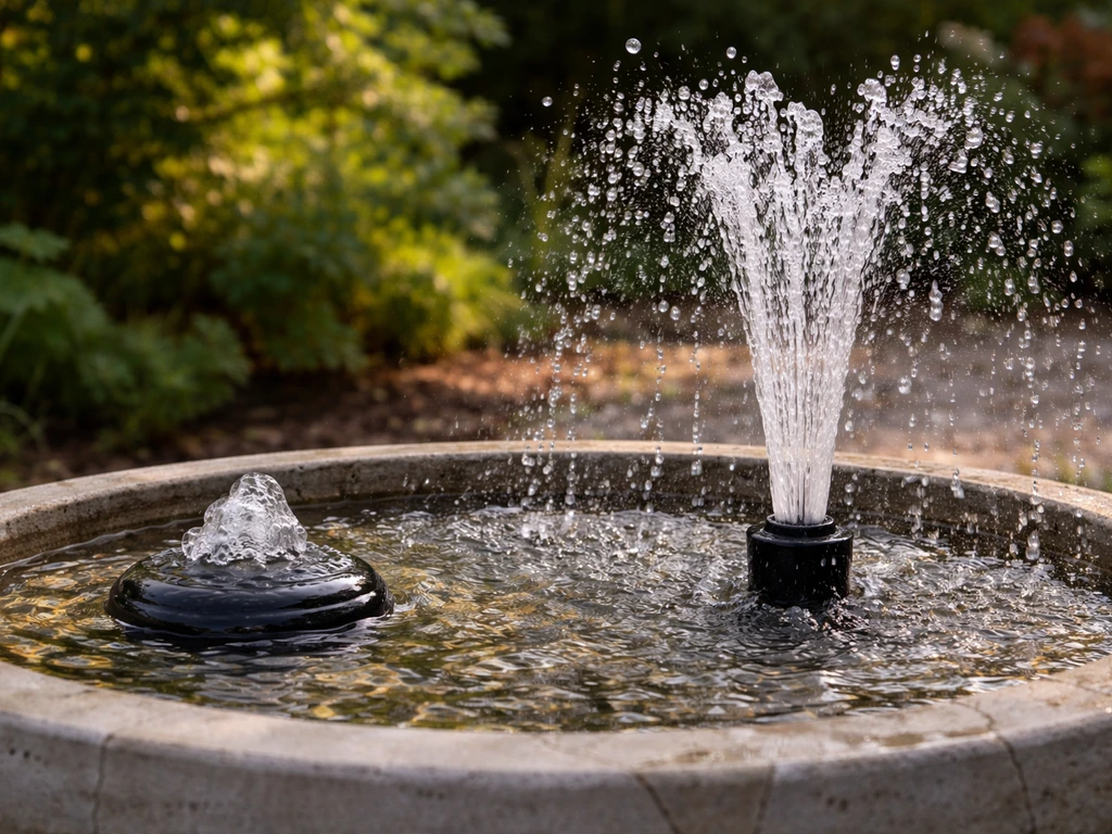 Gentle bubbling birdbath beside an aggressive high spray fountain splashing broadly in a backyard.