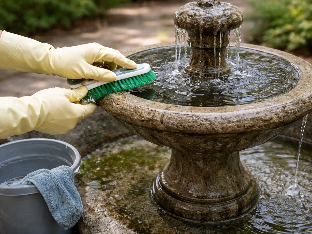 Gloved hands scrub a small garden fountain top and basin as clear water flows, algae and scale removed.