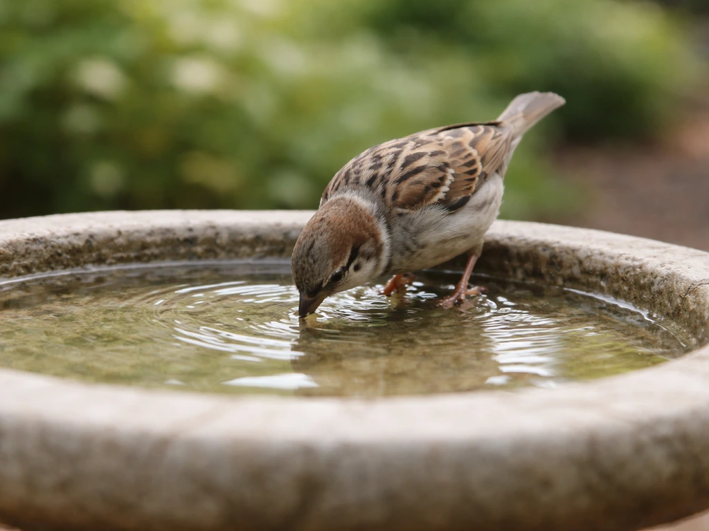 A small bird drinks and wades in a shallow bird bath, splashing where its feet touch.