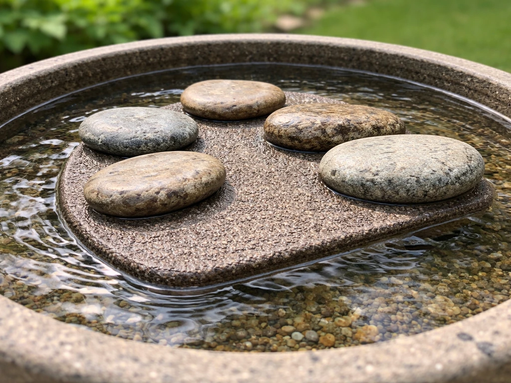 Close-up of a bird bath with stones and an insert creating a dry landing platform above the waterline.