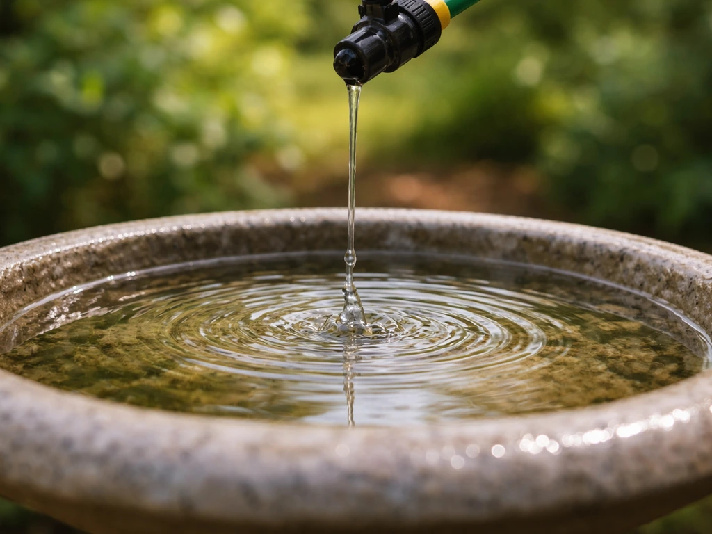 A slow drip from a hose valve falls into a bird bath, creating gentle ripples in a quiet backyard.