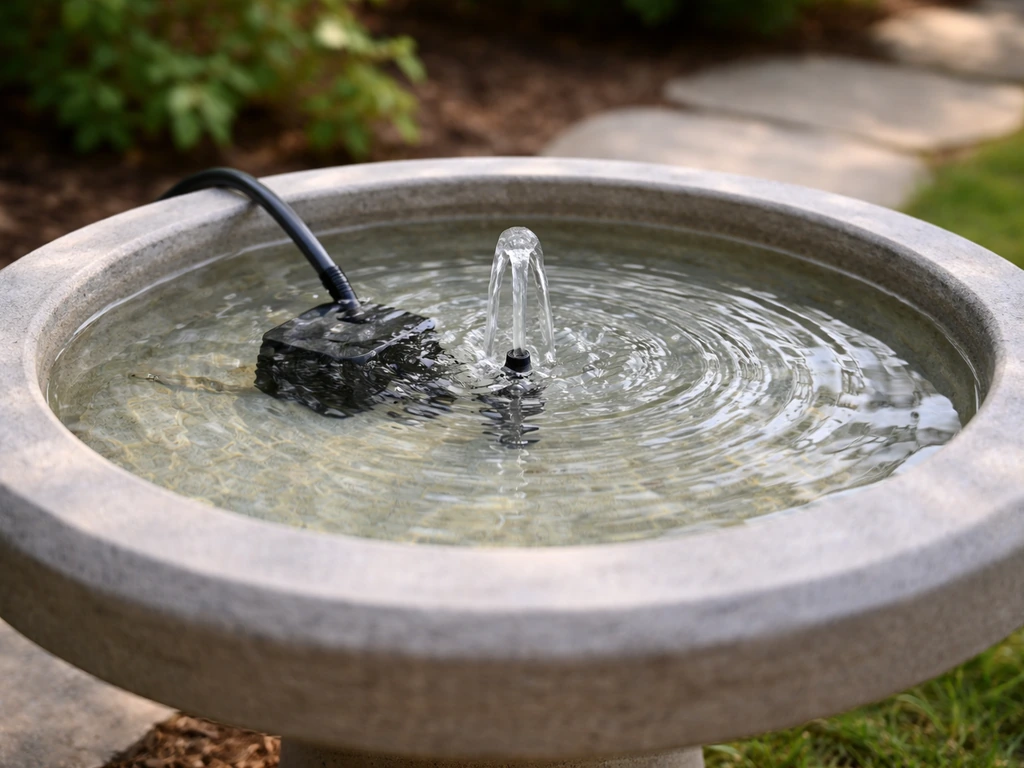 A backyard bird bath with a small recirculating pump moving water, gentle splash and clear setup.