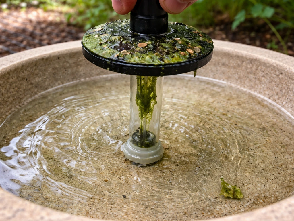 Garden bird bath being cleaned—wiggler stirrer pulled up with algae and debris, fresh water ripples.