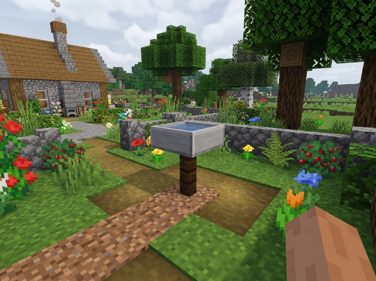 Minecraft bird bath build: fence pedestal with slab basin holding water in a garden setting