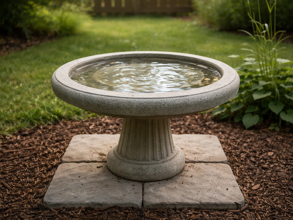 Finished concrete bird bath basin in a backyard, water catching light near natural greenery.