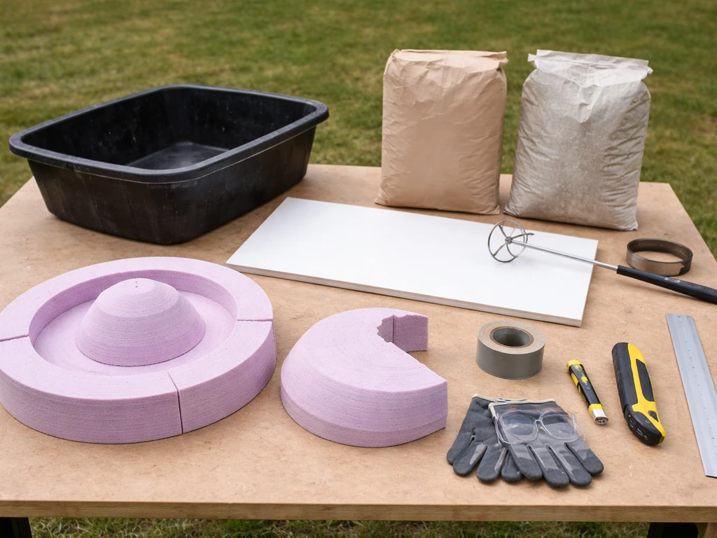 Materials and tools laid out for making a concrete bird bath mold on a workbench.