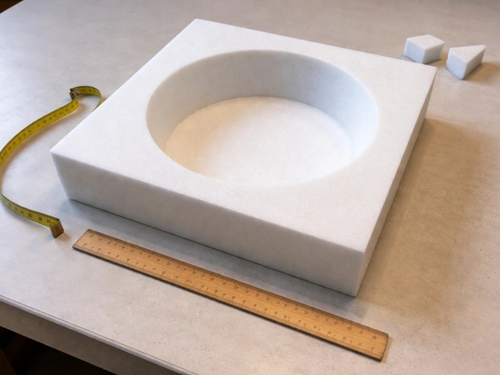 Top-down view of a foam basin mold on a workbench with a tape measure and ruler indicating size.