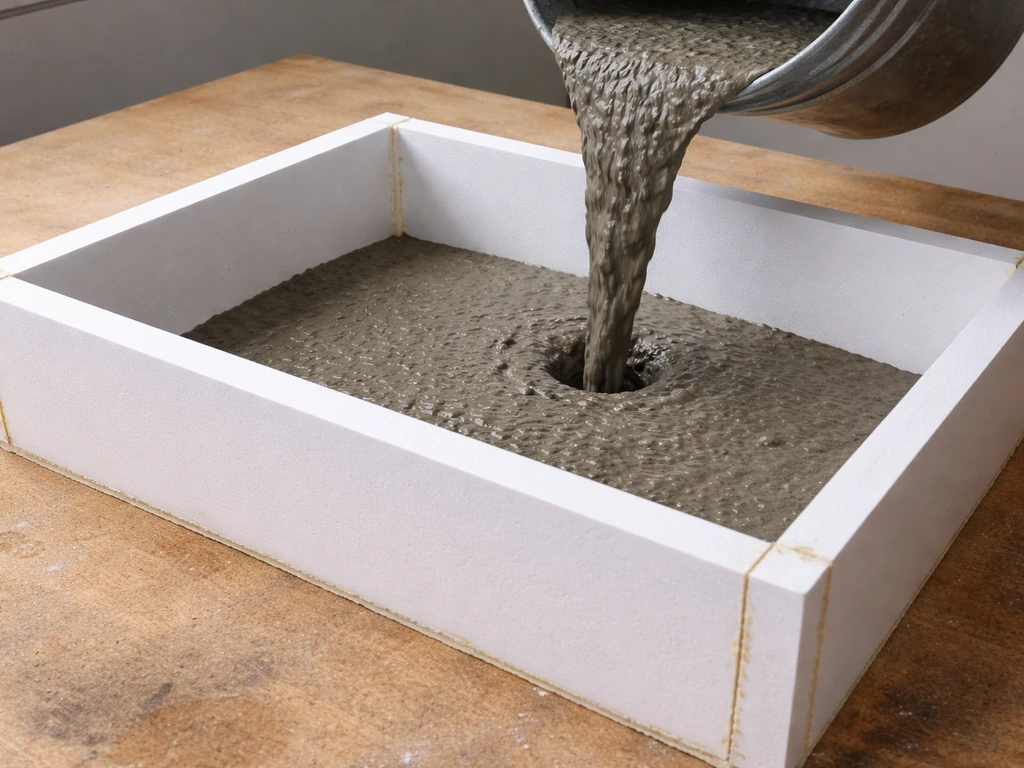 Concrete pours into a foam bird-bath mold, showing the mold interior and wet casting flow.