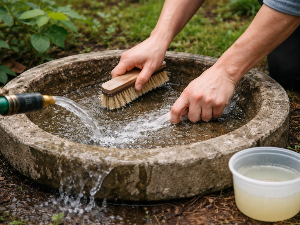 Person scrubbing an outdoor concrete bird bath basin while water is being rinsed and refilled