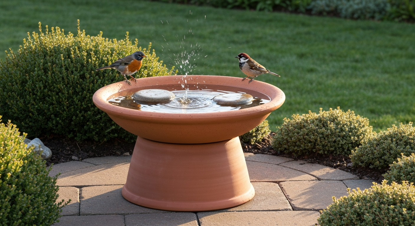 Shallow terracotta saucer bird bath on an inverted pot in a garden, with a robin splashing in the water and a sparrow perched on the rim.