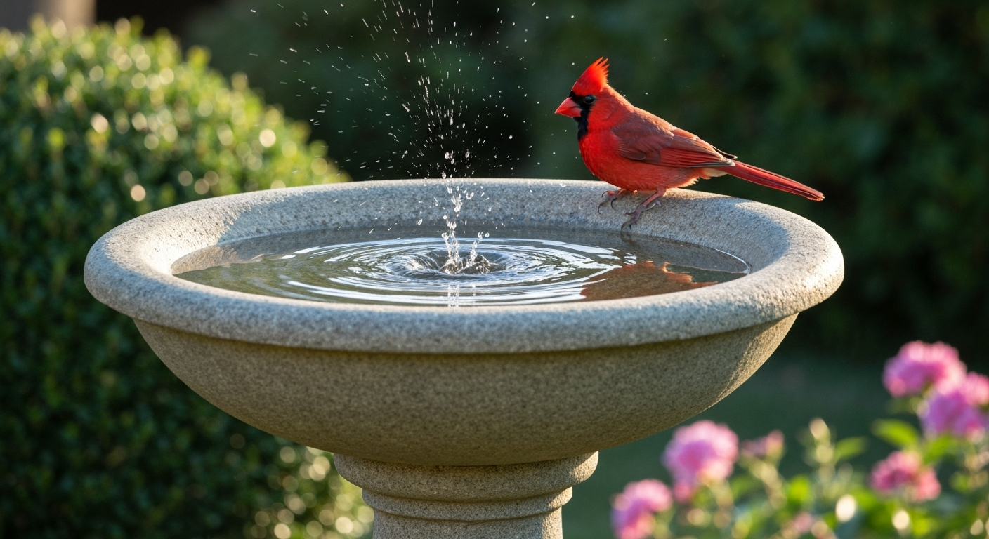 Close-up photo-style image of a decorative bird bath bowl (shallow, textured) with a male cardinal perched and splashing in the water, set in a garden.