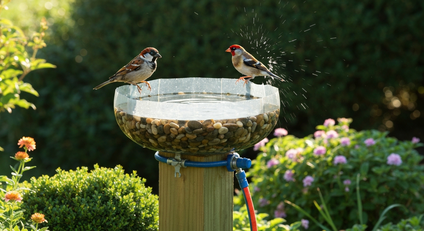 Finished DIY bird bath made from repurposed plastic bottles on a wooden post with small birds bathing