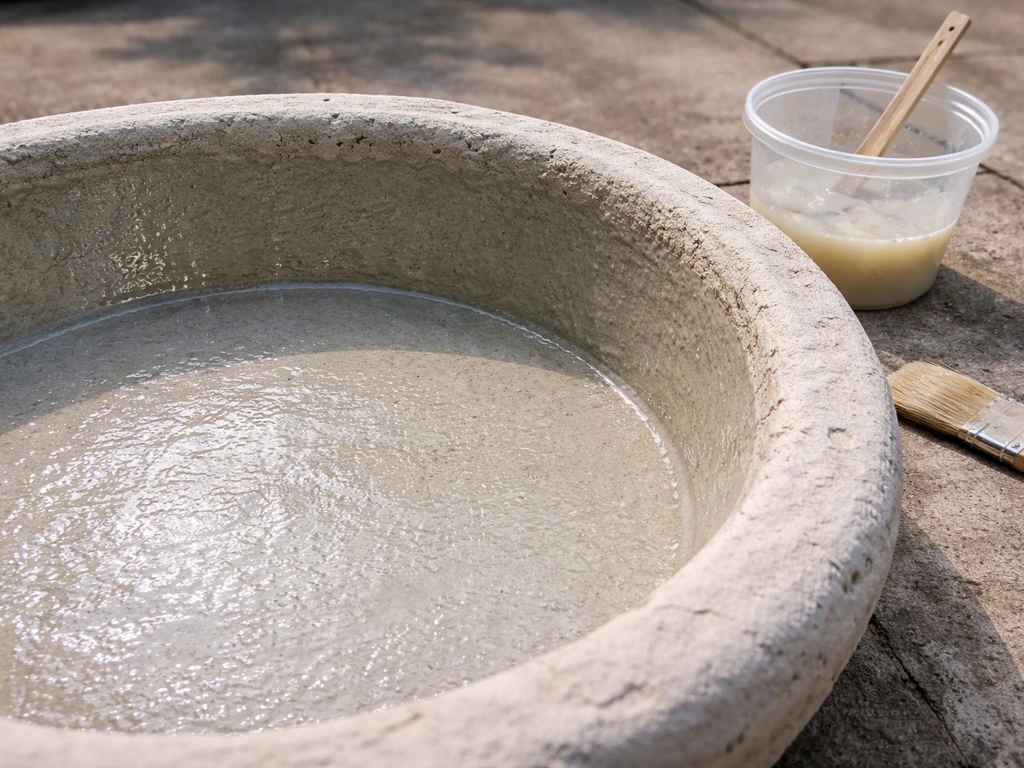 Close-up of a concrete bird bath interior being epoxy-coated, with a small mixed resin container nearby.