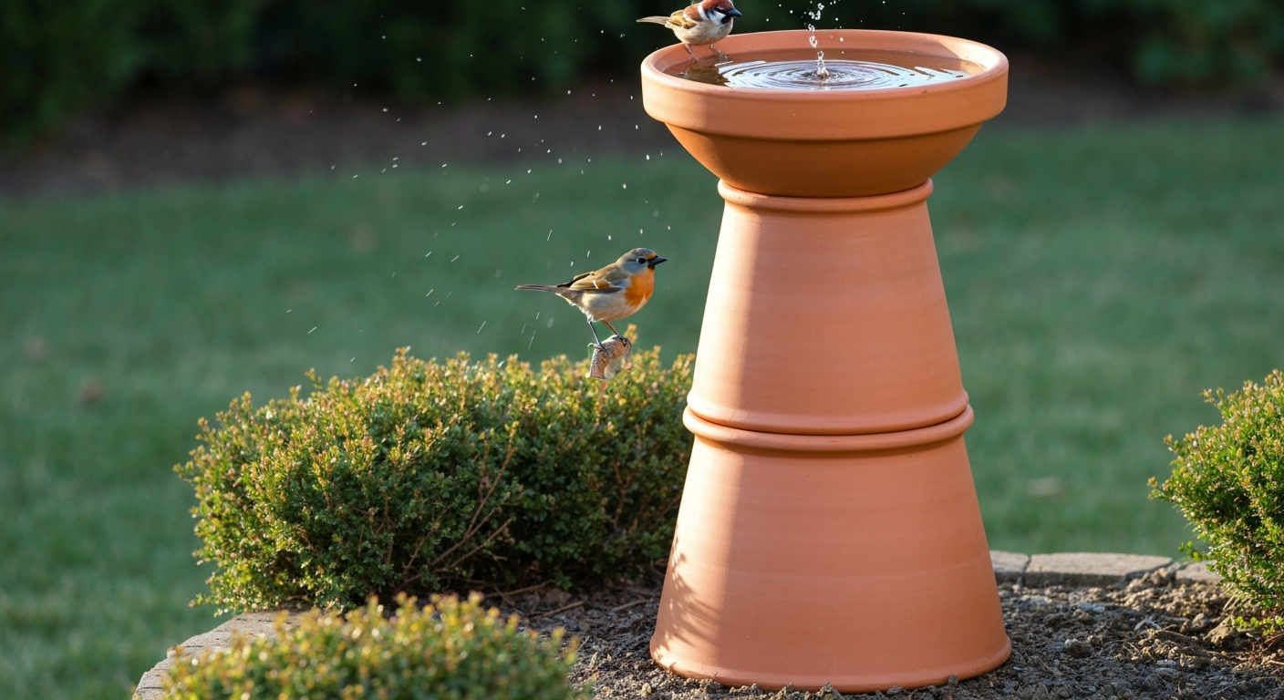 Finished terracotta clay pot bird bath (stacked pots with saucer) in a backyard garden with a sparrow perched on the rim and a robin bathing, morning light.
