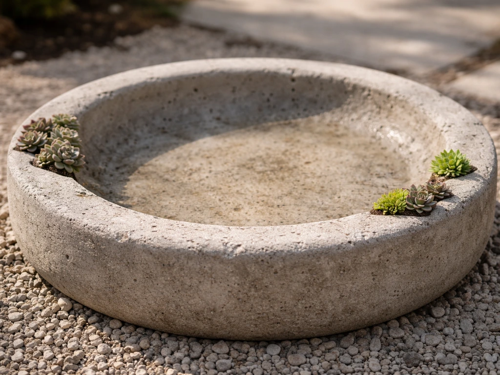 Close-up of a concrete bird bath basin with succulents in bright, well-draining outdoor gravel.