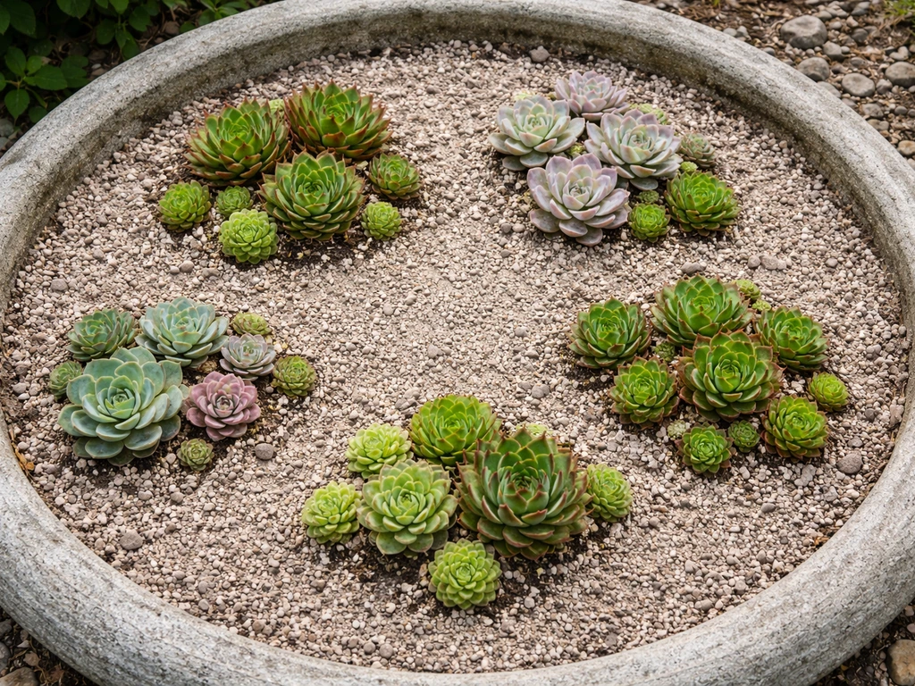 Overhead view of rosette succulents arranged in a shallow bird-bath basin with tidy spacing