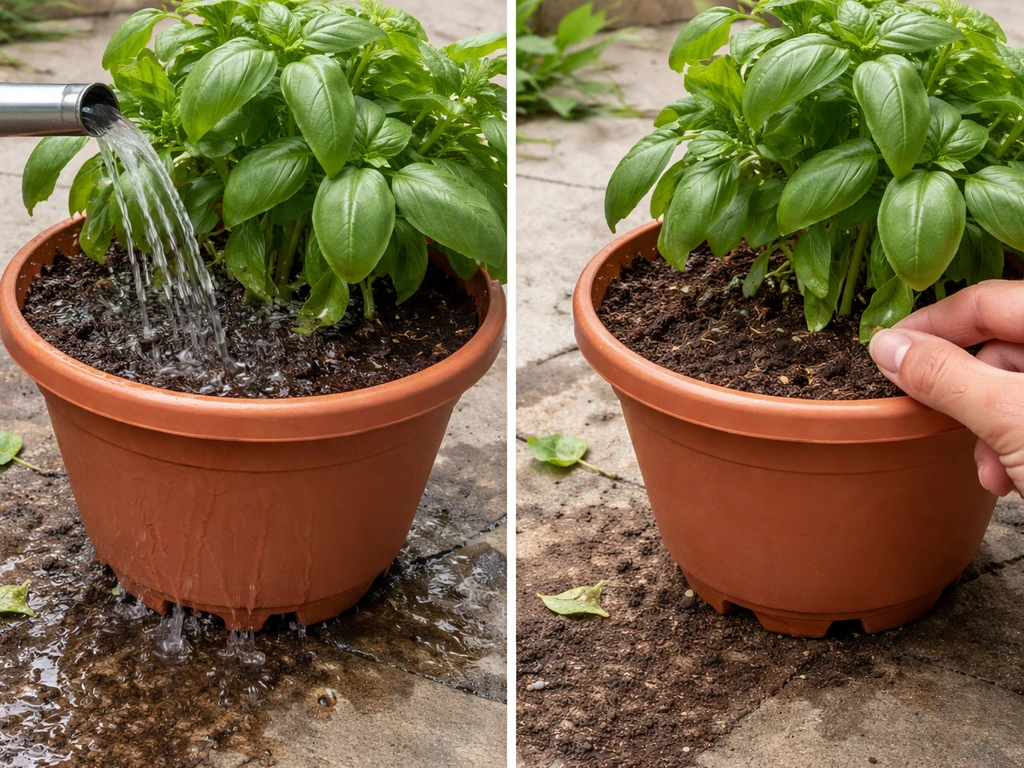 Watering a potted plant until drainage runs, then soil drying with a quick check for early rot signs.