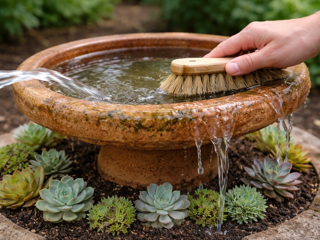Anonymous hand gently brushes and lightly rinses algae off a planted bird bath rim.