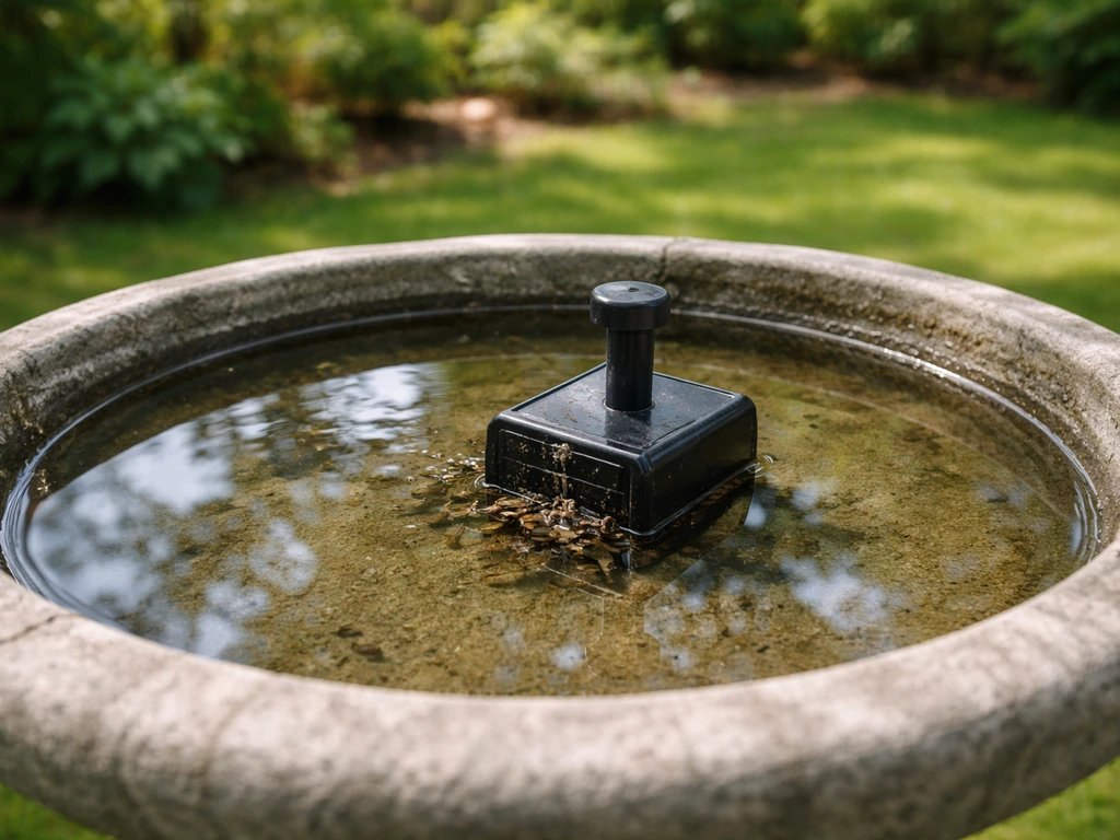 Bird bath with an installed pump showing no water circulation, calm stagnant water suggesting a pump problem.