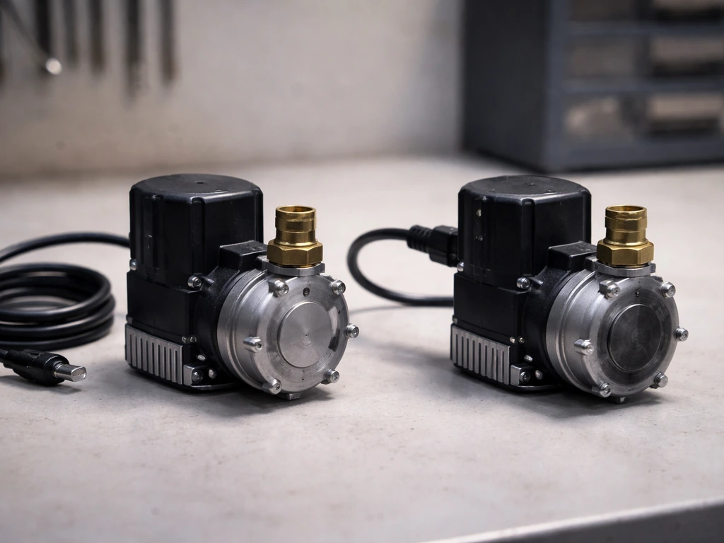 Two small anonymous pump units on a workbench showing one dead and one humming but stalled.