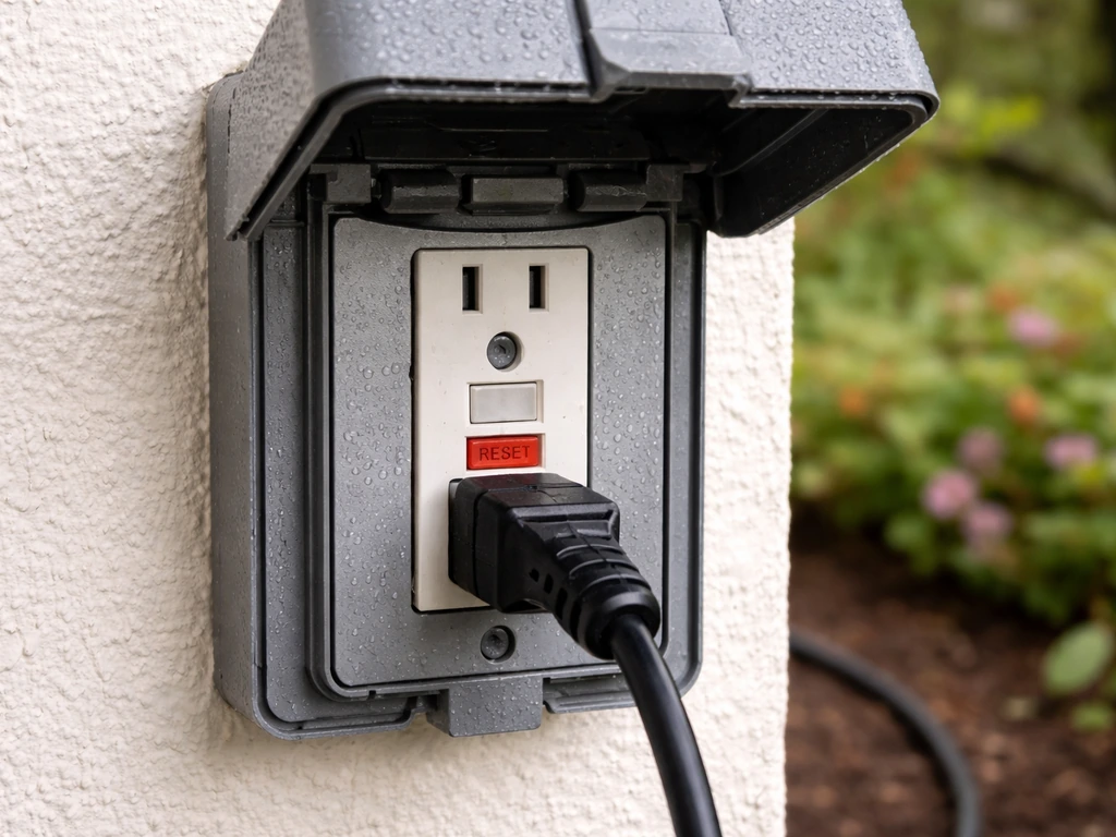 Close-up of an outdoor GFCI outlet with RESET button and a plug connected.