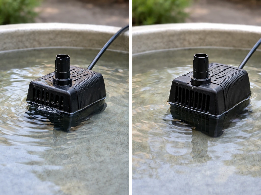 Close-up of a submersible bird bath pump fully submerged vs partially exposed, showing correct and incorrect water level