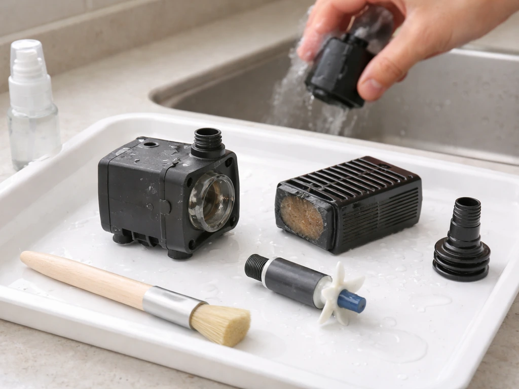 Disassembled water pump parts—impeller, intake, filter, and nozzle—laid on a clean tray with cleaning tools