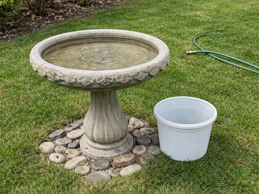 Backyard bird bath with a bucket placed beside it for a water-loss leak vs evaporation test.