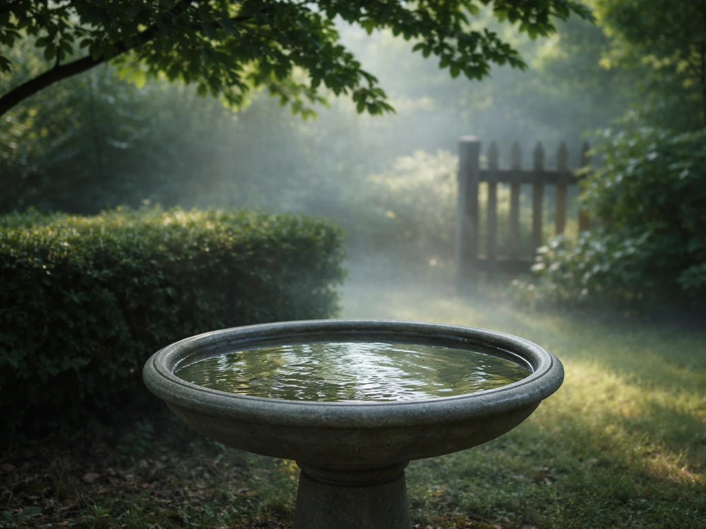 Shaded bird bath in a quiet garden beside a hedge, with a calm, protected atmosphere