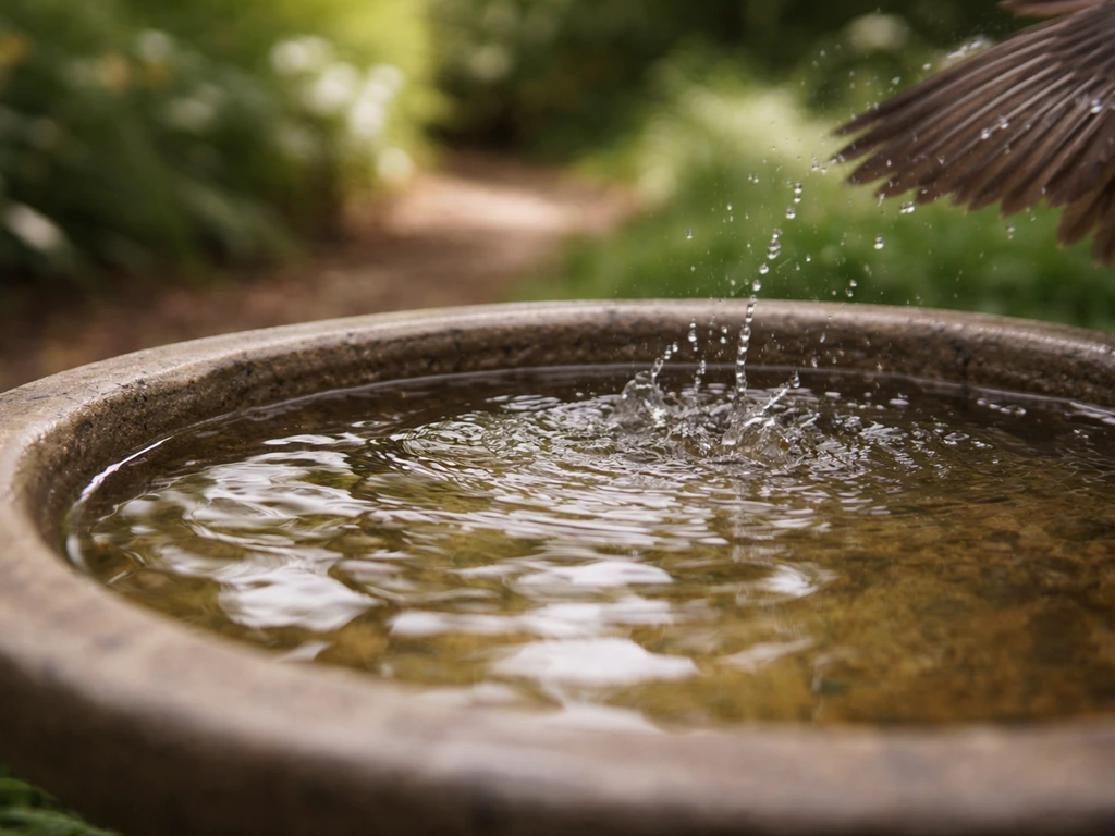Shallow bird bath water (about 2 inches) with small splashes and ripples in a quiet garden.