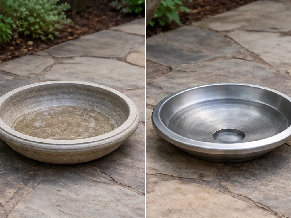 Close-up side-by-side bird bath basins showing ceramic/concrete vs metal recirculating water retention.