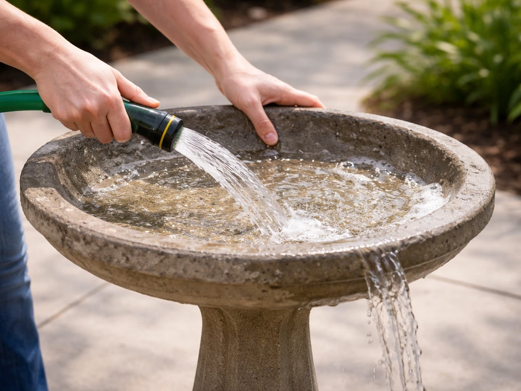 Hand scrubbing a bird bath basin with a hose, then refilling with clean water in a sunny yard