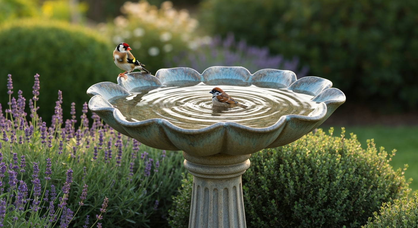 Photorealistic garden view of a flower-petal pedestal bird bath (glazed ceramic) with two small songbirds using the shallow, gently sloped basin in a cottage garden setting.