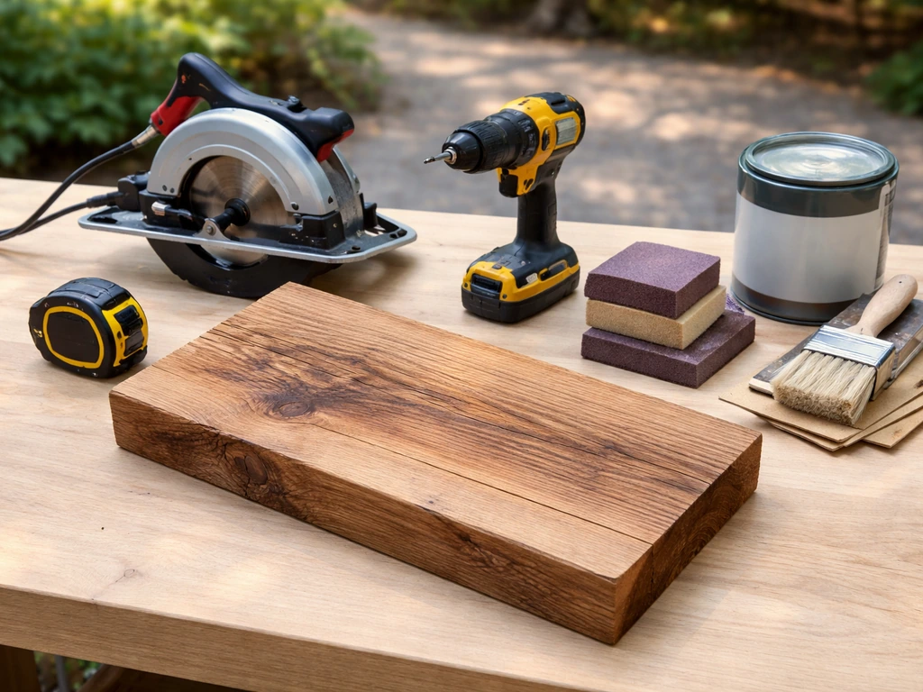 Bird-bath-safe DIY tool lineup: wood slab, tape measure, saw, drill, and sealing supplies laid out on a clean workbench.