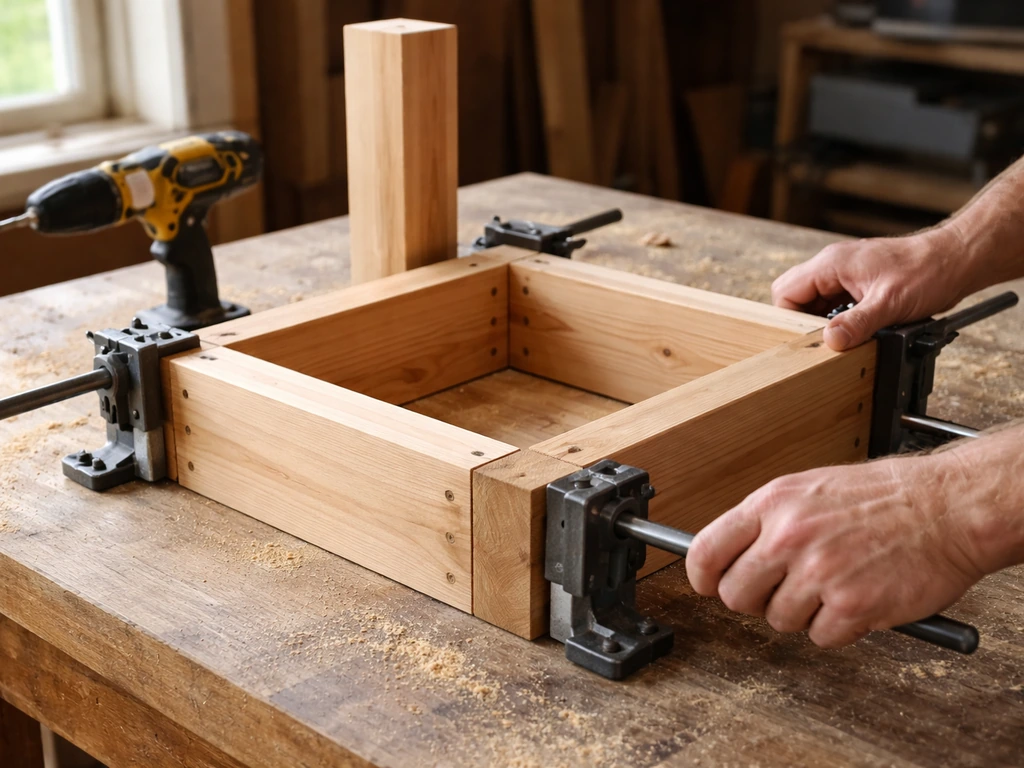 Hands using clamps on a workbench while fitting cedar boards to form a square wooden basin