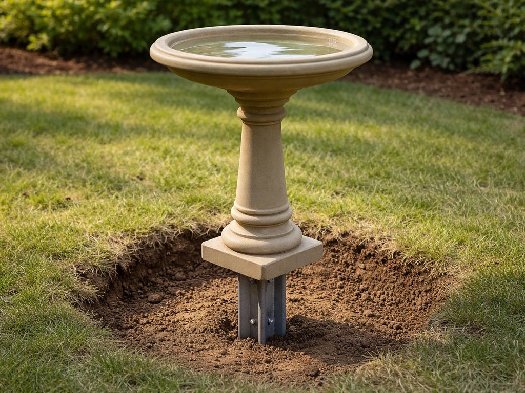 Outdoor pedestal bird bath being installed with the post set in an anchor, water level near recommended height.