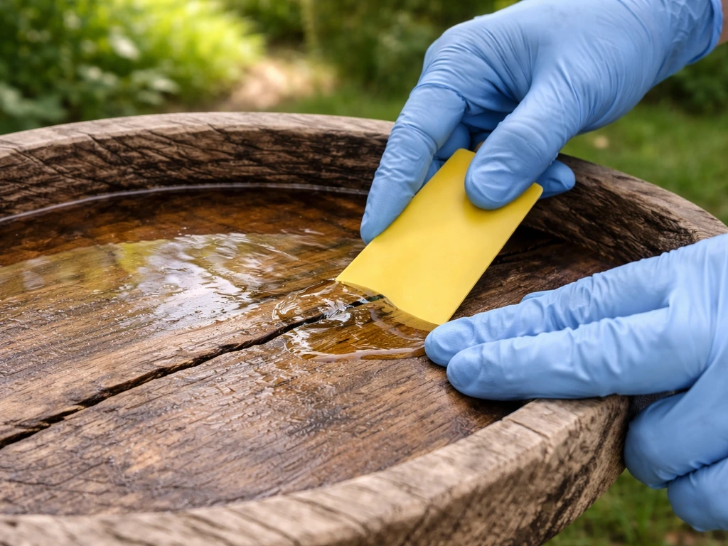 Gloved hands apply marine epoxy into a crack and smooth it on a sealed wooden bird bath.